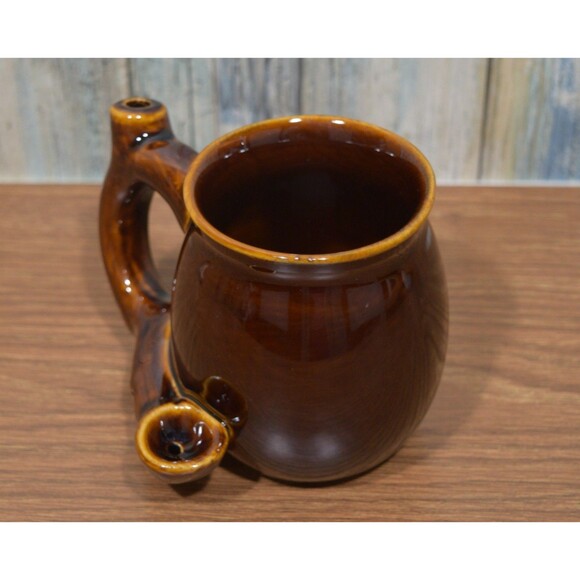 Wake and Bake Mug Pipe Ceramic Smoking Coffee Cup Brown Rustic Design - Picture 5 of 9